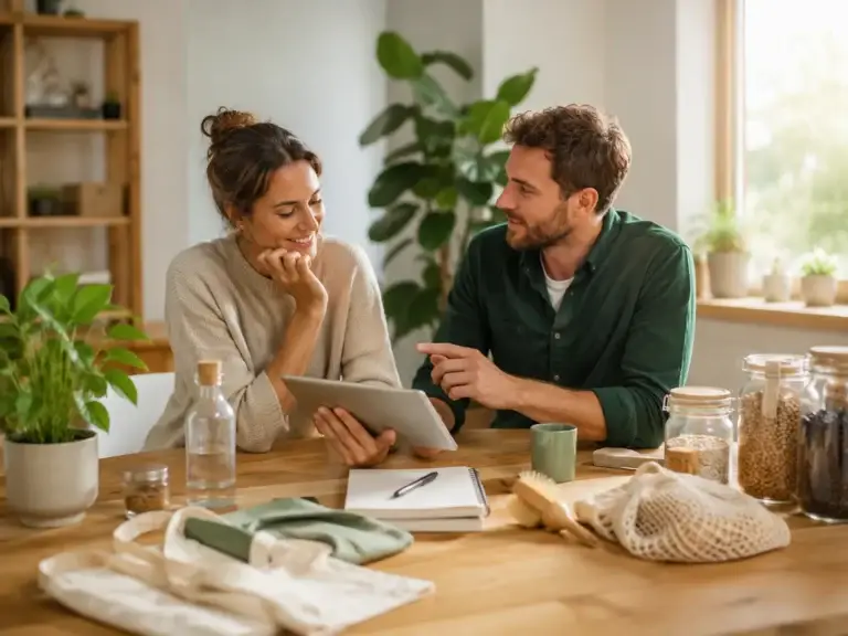 Stel bespreekt duurzame keuzes aan tafel met herbruikbare producten, glazen voorraadpotten en kamerplanten.