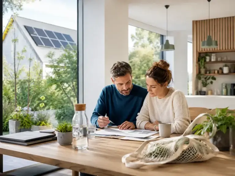 Stel vergelijkt duurzame woonmogelijkheden aan een tafel in een energiezuinige woning met zonnepanelen.