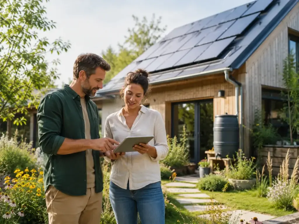 Twee mensen bekijken informatie op een tablet bij een energiezuinige woning met zonnepanelen en een regenton.