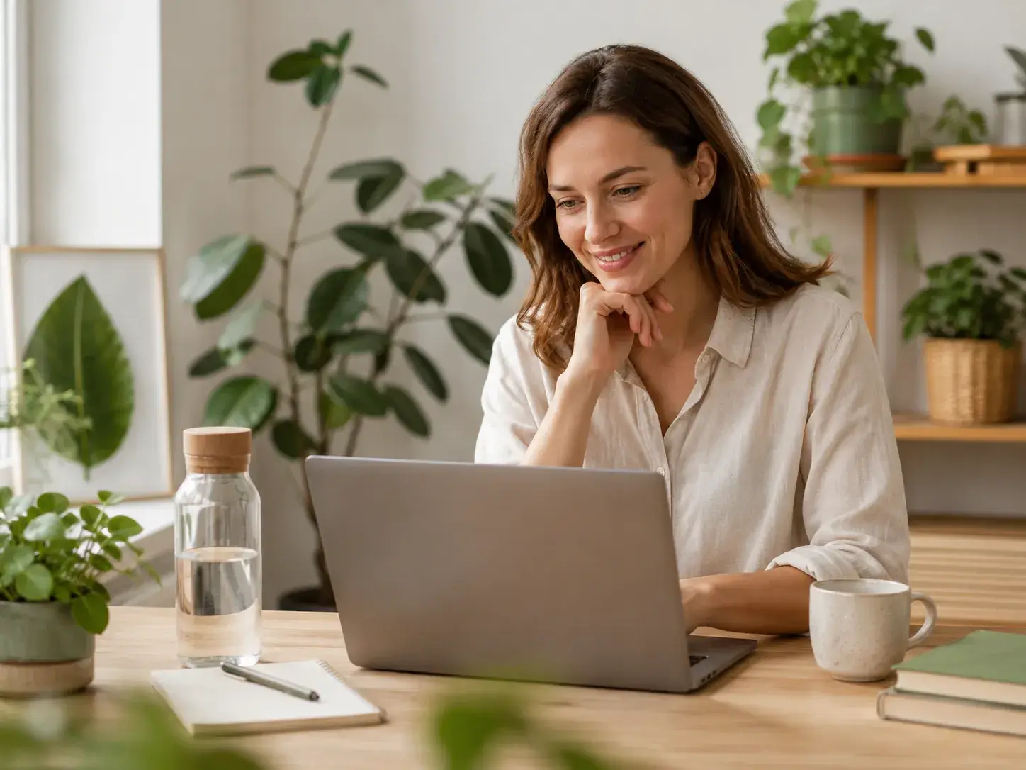 Vrouw registreert zich via een laptop in een lichte thuiswerkplek met planten en duurzame materialen.