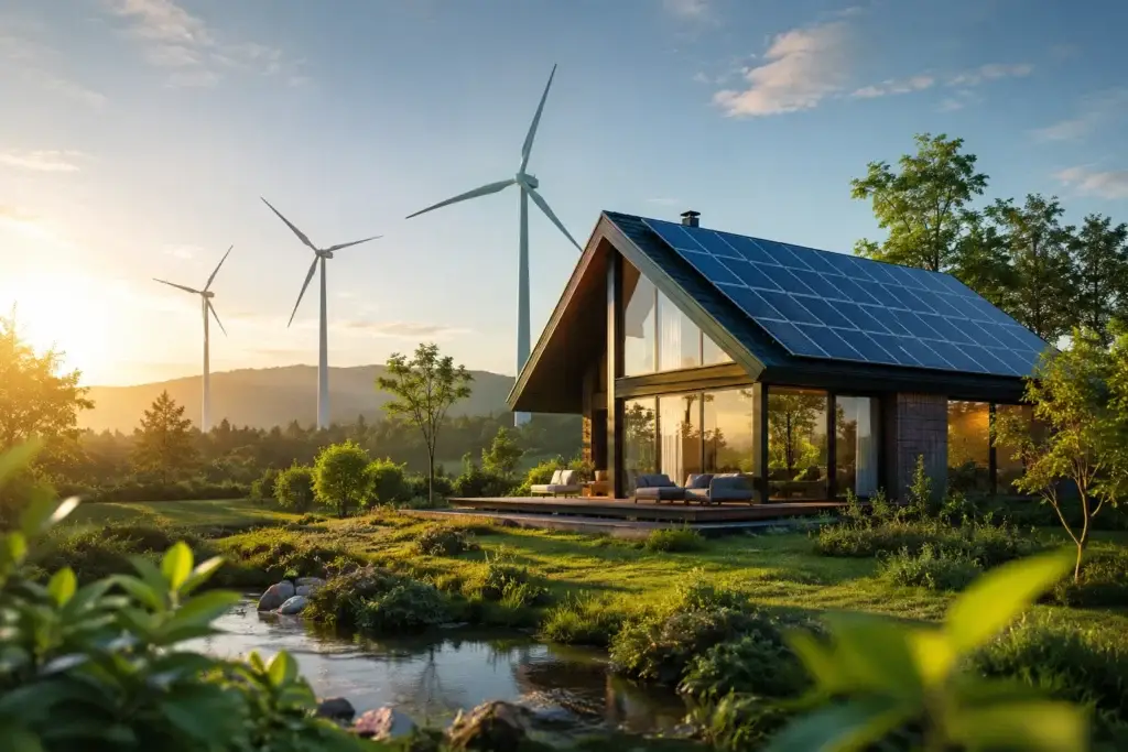 Modern duurzaam huis met zonnepanelen, omringd door groen landschap en windturbines bij zonsondergang.