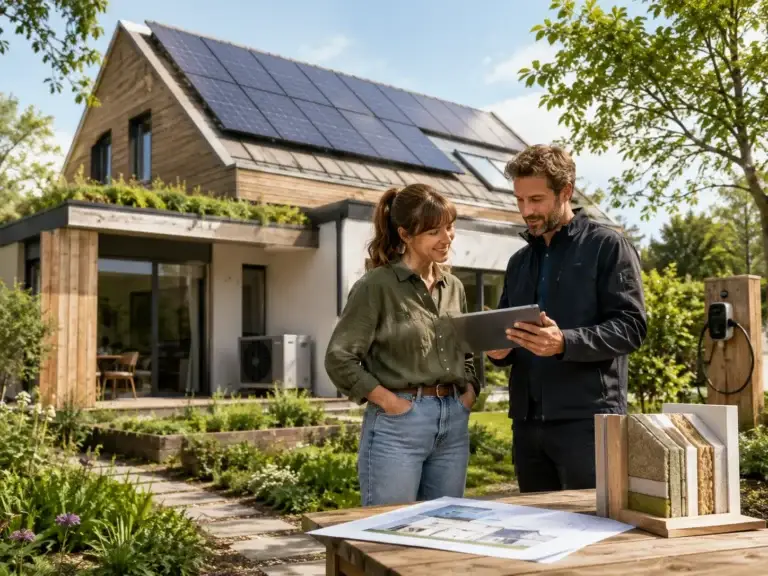 Twee mensen bekijken duurzame woningoplossingen bij een modern huis met zonnepanelen en groene tuin.