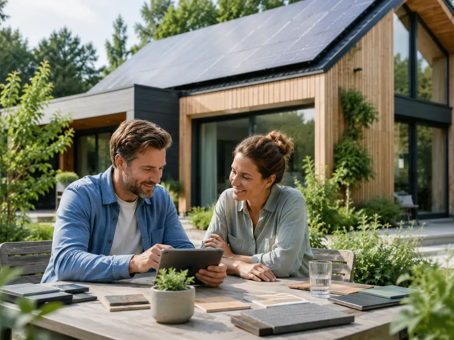 Stel bekijkt duurzame woonoplossingen op een tablet bij een moderne woning met zonnepanelen en groene tuin.