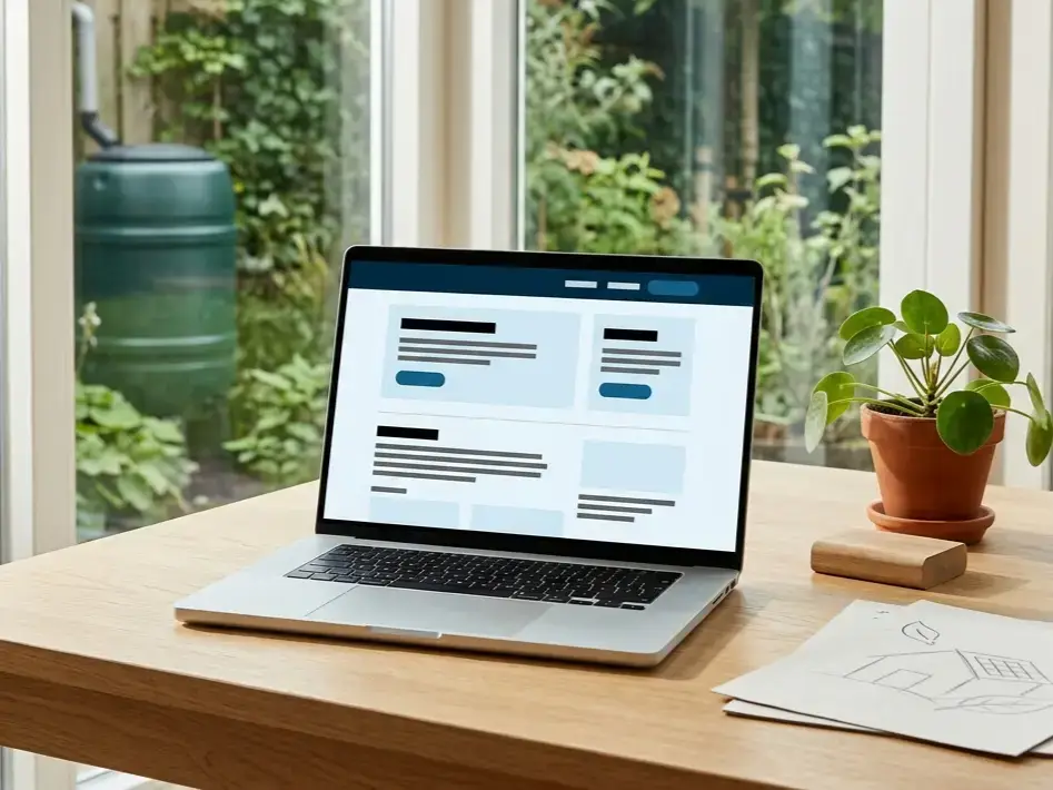 Laptop op een houten tafel met een abstracte website-interface, voor een raam met uitzicht op een groene duurzame tuin