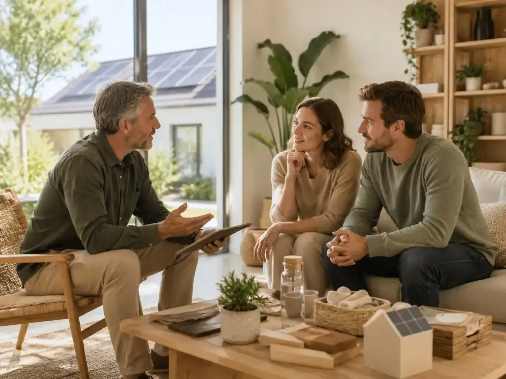 Adviseur in gesprek met een stel over duurzaam wonen in een lichte woonkamer met zonnepanelen zichtbaar op de achtergrond.