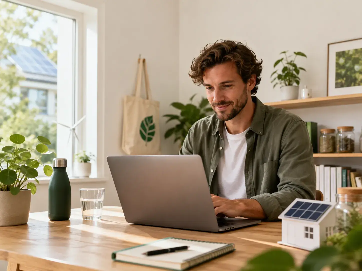 Man registreert zich via een laptop in een duurzaam ingericht thuiskantoor met planten en zonnepanelen op de achtergrond.
