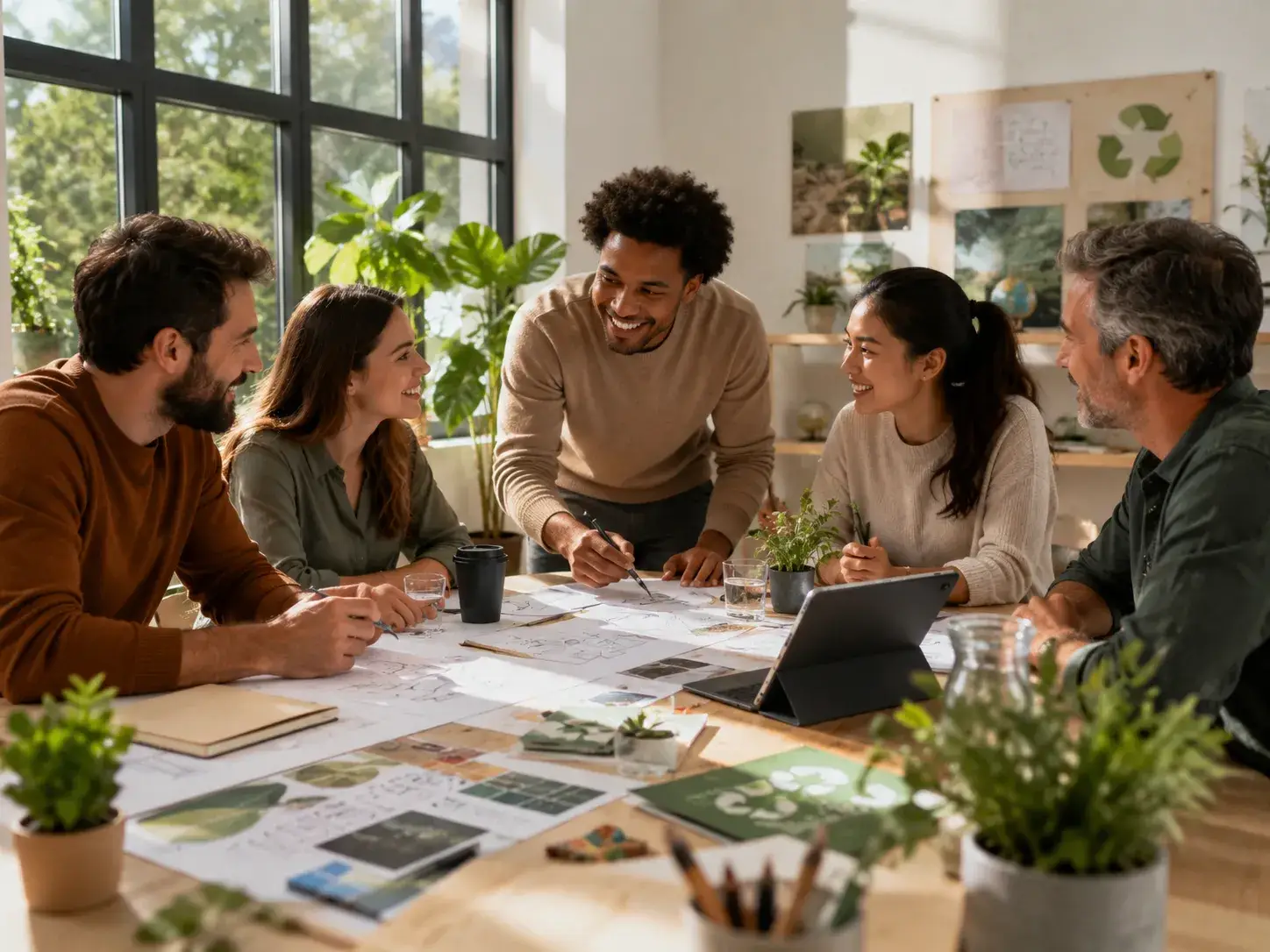 Diverse groep professionals bespreekt nieuwe duurzame artikelen en ideeën tijdens een gezamenlijke werksessie.