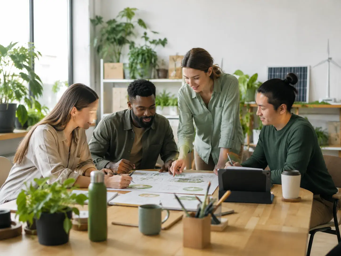 Team bespreekt duurzame plannen aan tafel met schema’s, planten en groene energie-elementen op kantoor.