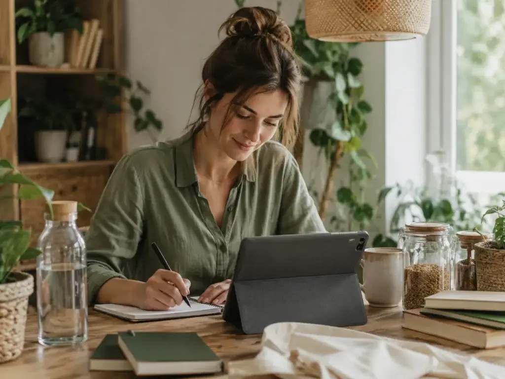 Vrouw werkt met een tablet en notitieboek aan content over duurzame keuzes in een groene, rustige thuisomgeving.